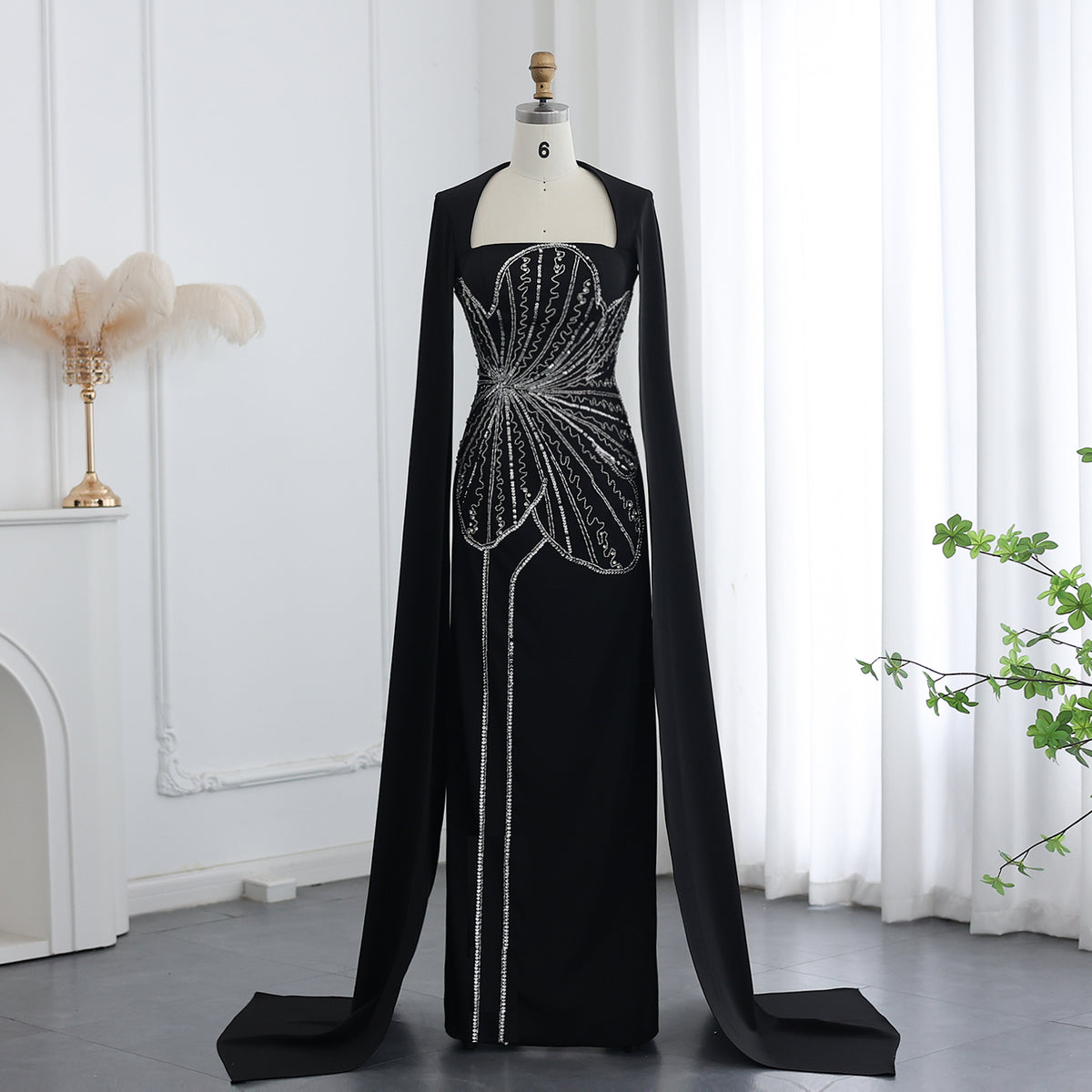Elegant Beaded Black Long Evening Dress with Cape Sleeves SS275
