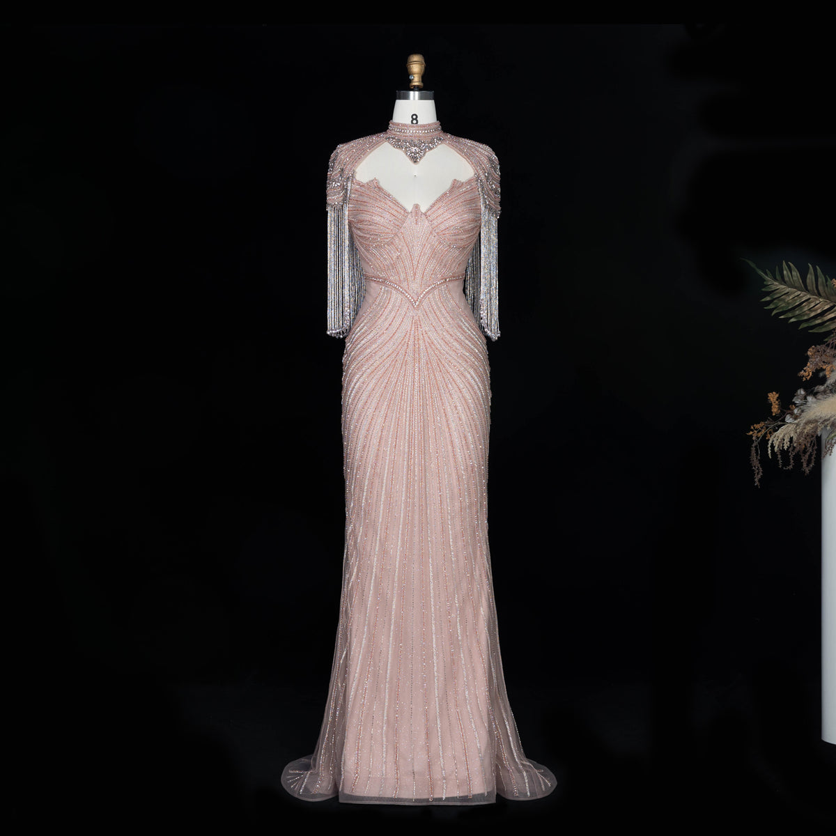 Luxury Pink High Neck Crystal Beaded Fringe Cape Mermaid Evening Dress SS067