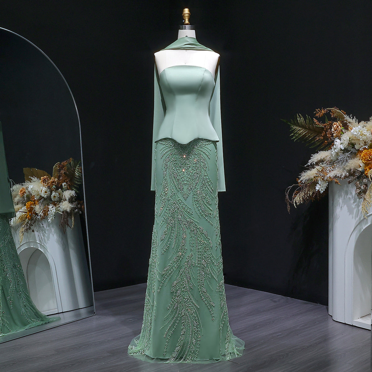 Luxury Sage Green 2 Pieces Beaded Evening Dress with Scarf Cap SS616