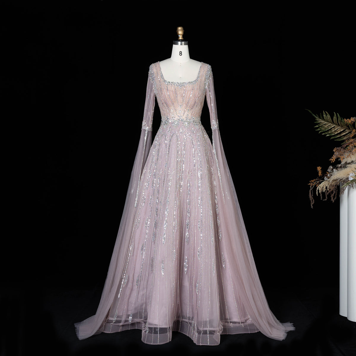 Vintage Square Beaded Sequined A-Line Evening Dress with Floor-Length Sleeves SS065