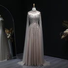 Elegant Blue High Neck Beaded Evening Dress with Cape Sleeve SS134