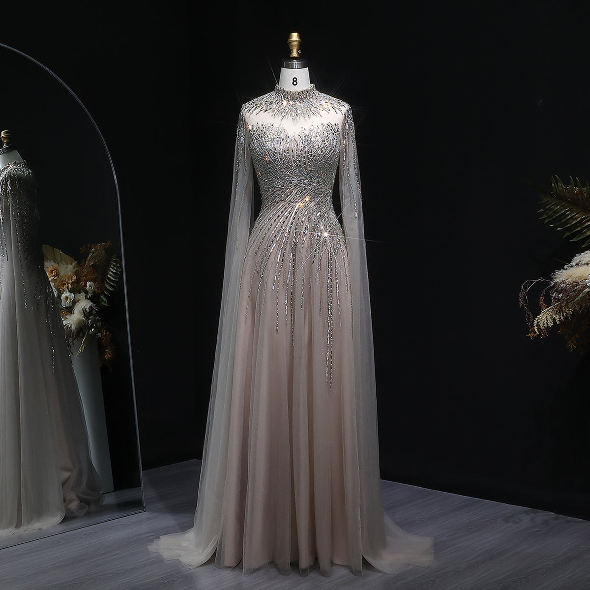 Elegant Blue High Neck Beaded Evening Dress with Cape Sleeve SS134