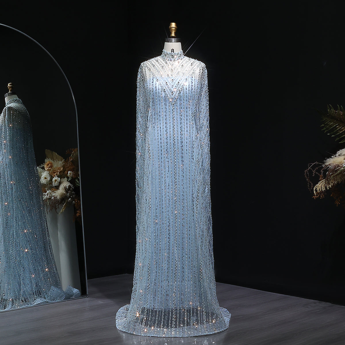 Luxury Pearls Champagne Evening Dress with Cape SS691