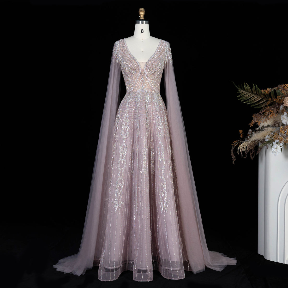 Luxury Beaded V-Neck A-Line Evening Gown with Floor-Length Sheer Cape SS073