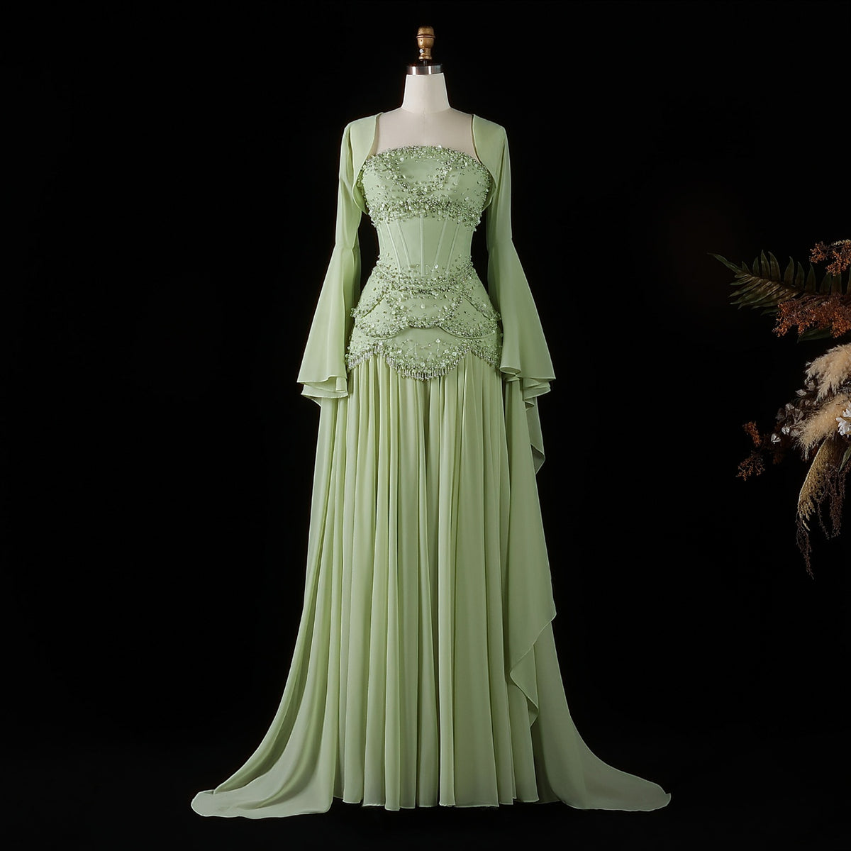 Luxury Pearls Tassel Blue and Yellow Evening Dress with Flowing Sleeves SS286