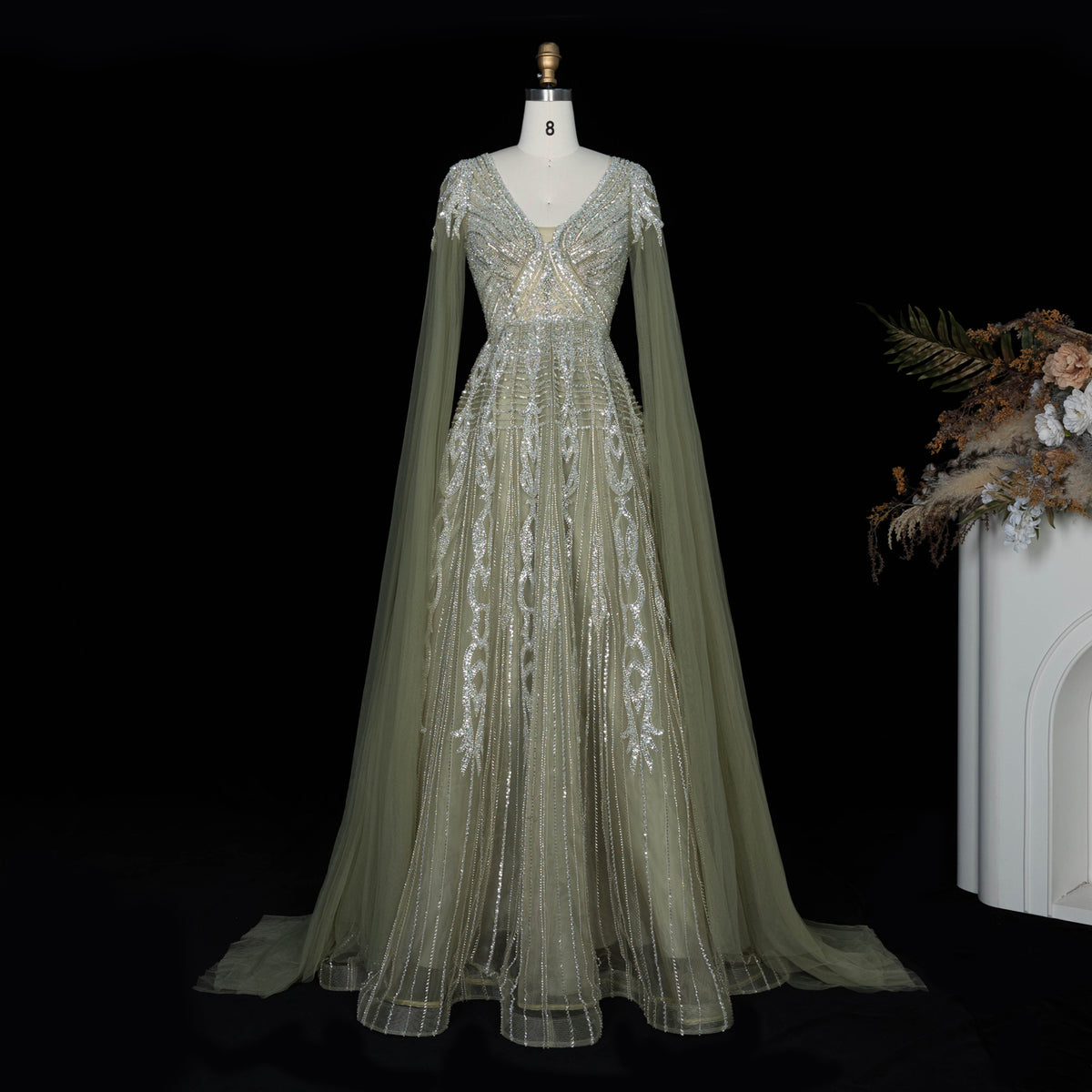 Luxury Beaded V-Neck A-Line Evening Gown with Floor-Length Sheer Cape SS073