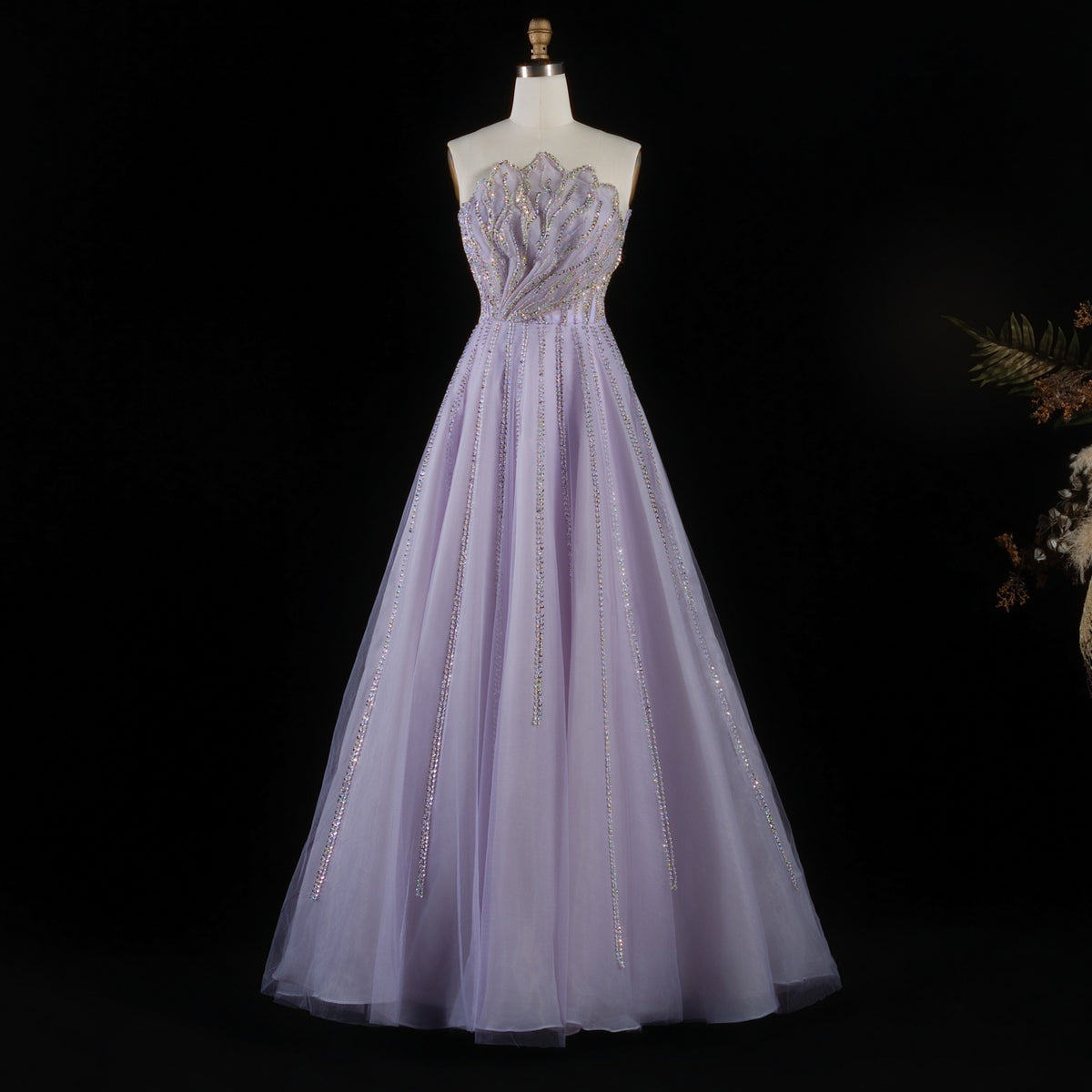 Luxury Beaded Lilac A-Line Strapless Evening Dress SS247