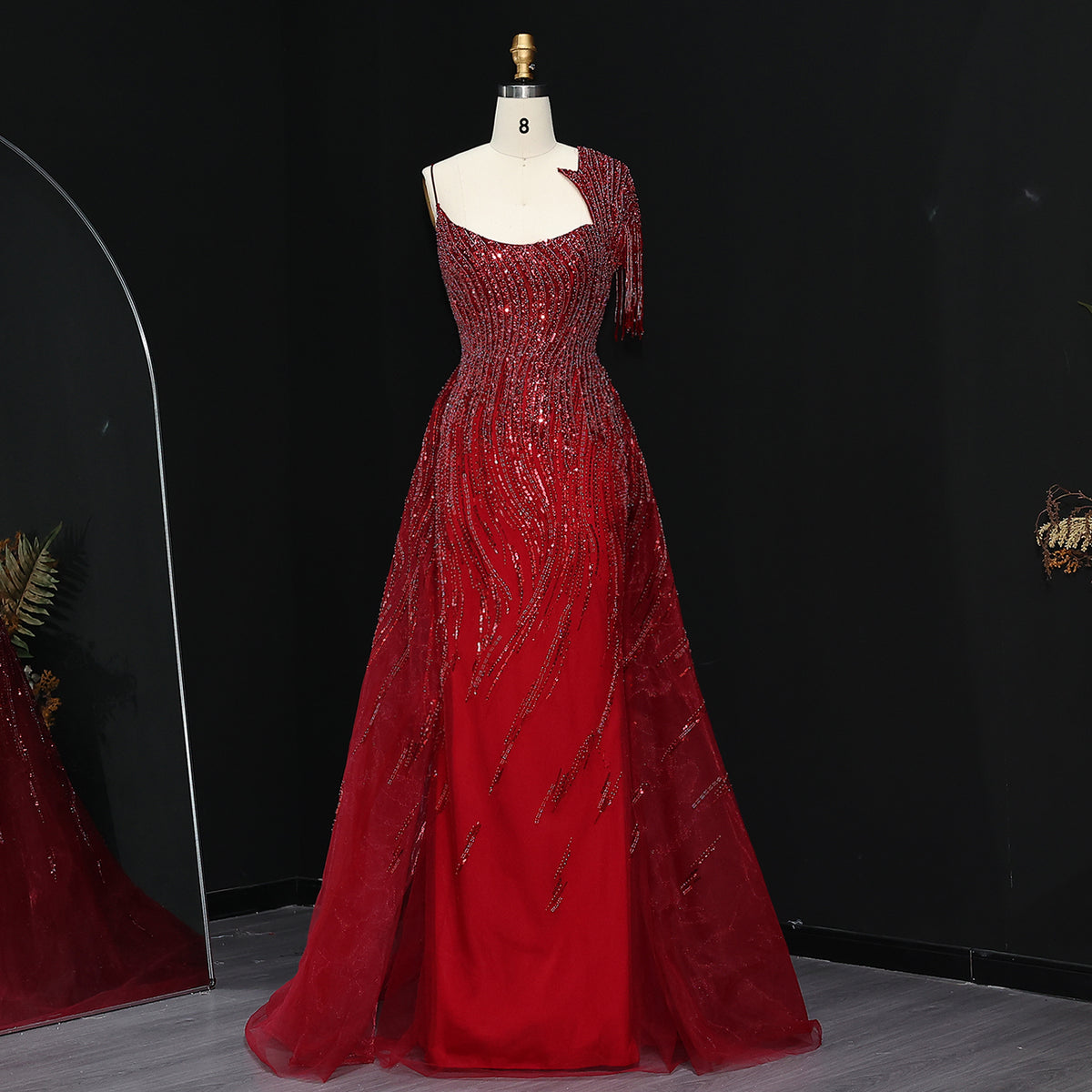 Luxury Green Tassel Evening Dress with Overskirt SS008