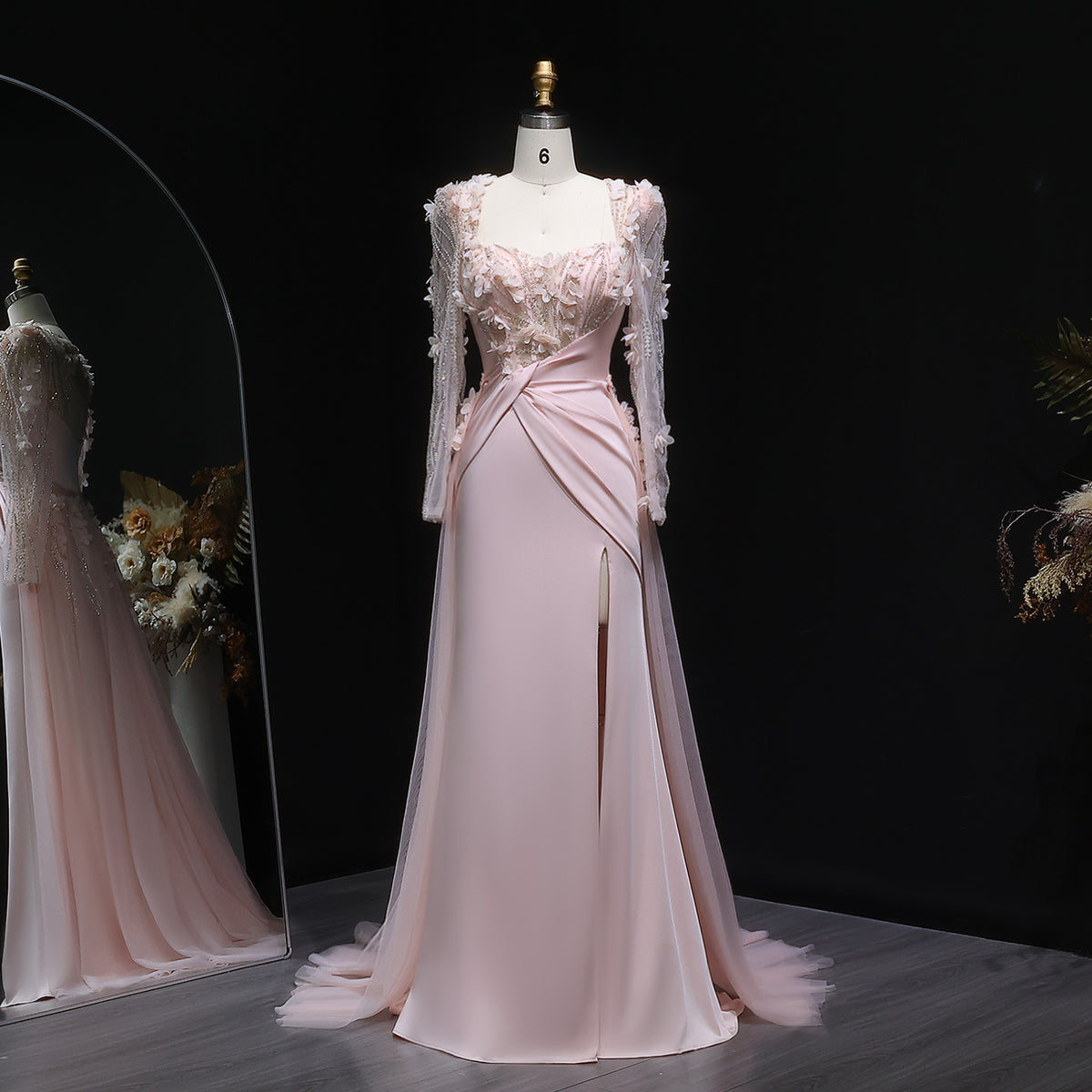 Elegant Pink 3D Floral Sequins Draped Evening Dress with Overskirt SF384