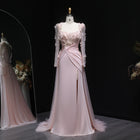 Elegant Pink 3D Floral Sequins Draped Evening Dress with Overskirt SF384