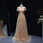 Luxury Peach High Neck Short Sleeve A-Line Evening Dress