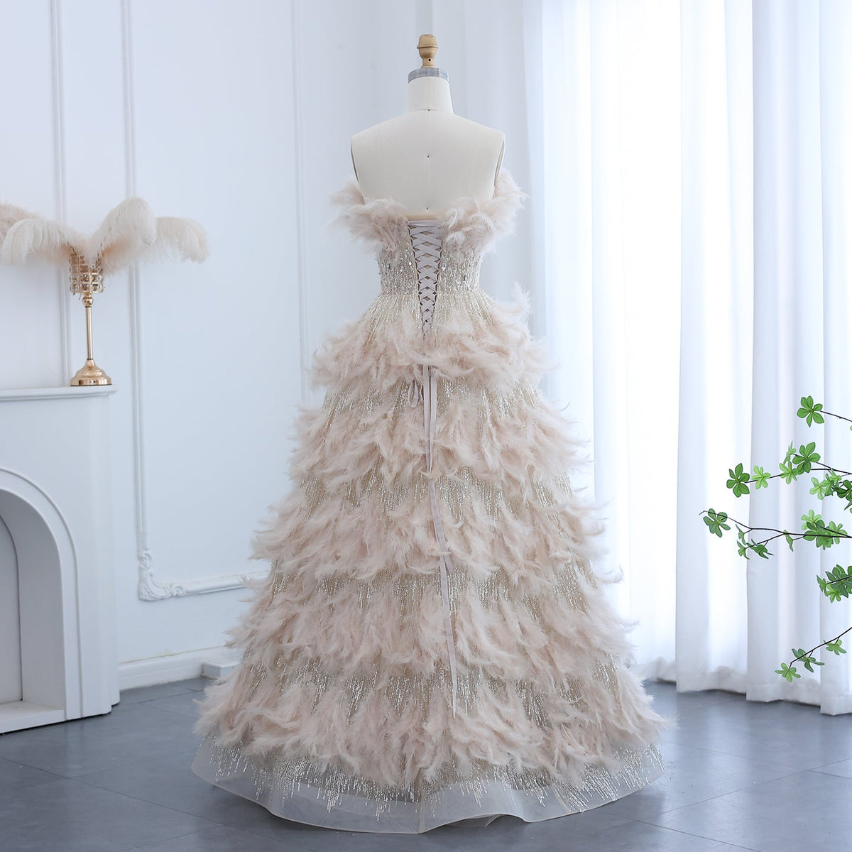 Luxury Feathers Cream A-Line Princess Ball Gown Evening Dress SS732
