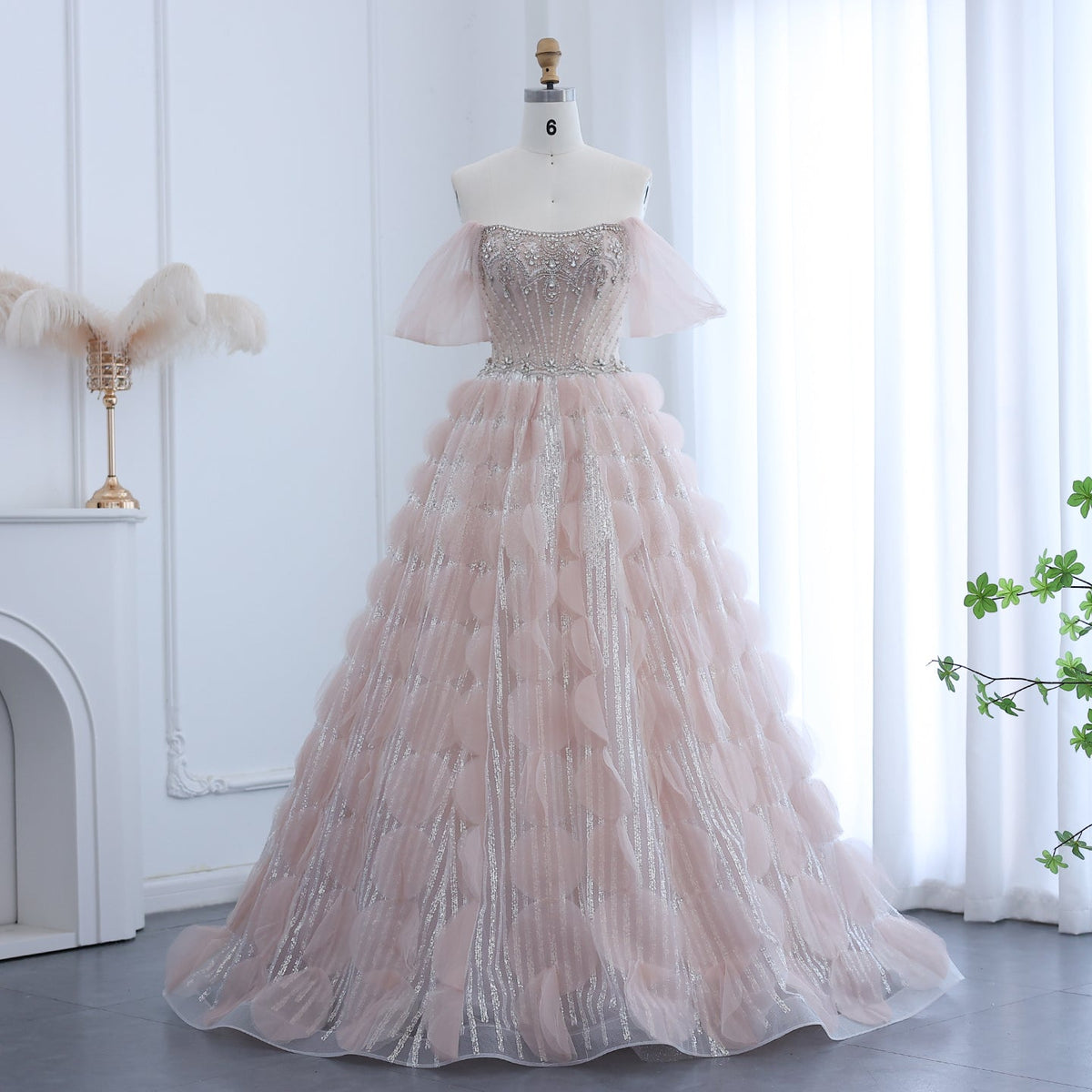 Luxury Crystal Blush Pink Off Shoulder Ruffles Evening Dress SS733