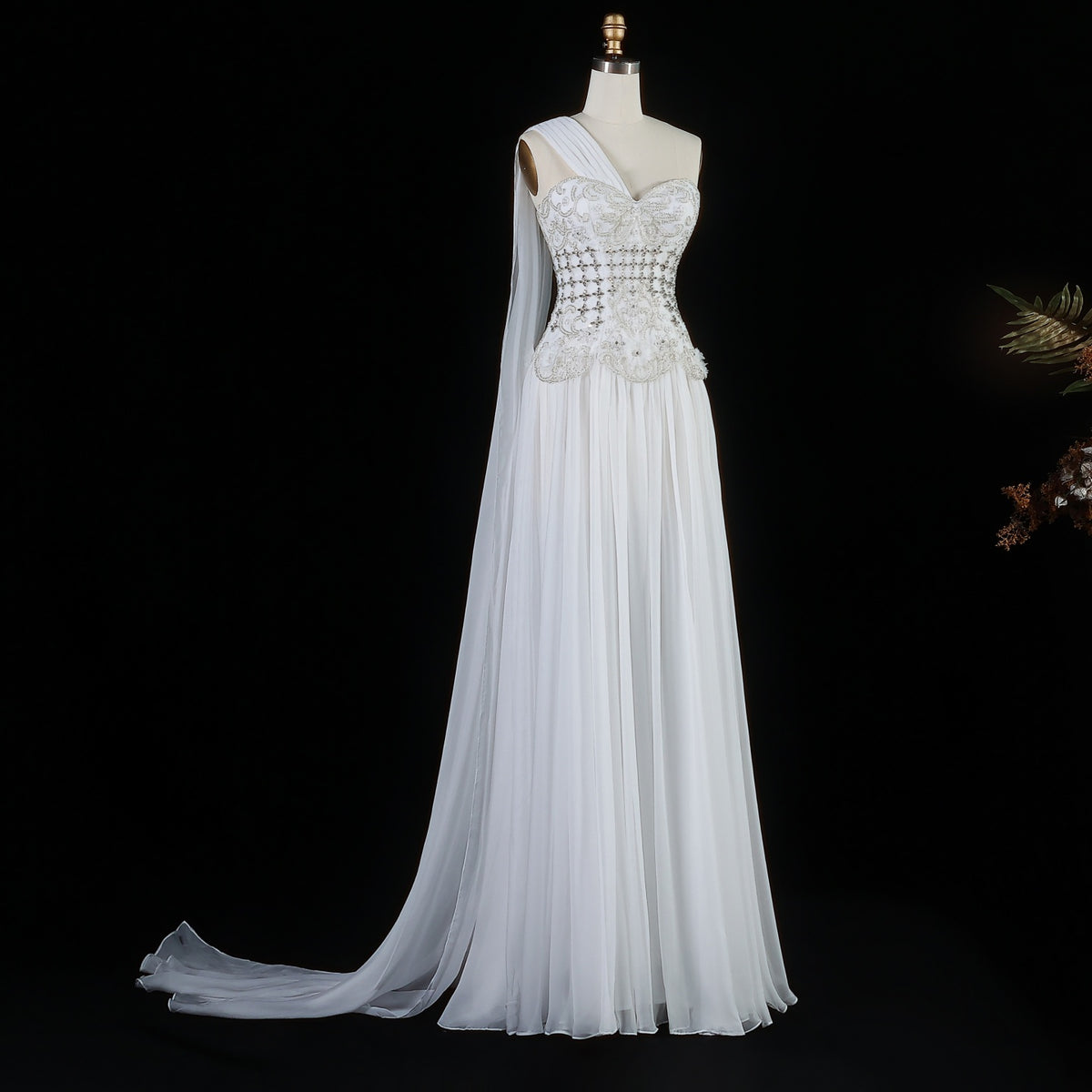 Elegant Blush Pink 3D Floral Beaded One-Shoulder Cape Evening Dress SS285