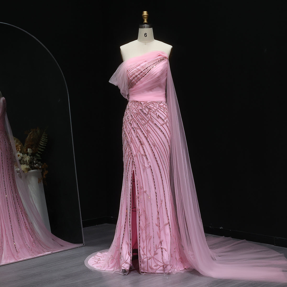 Chic Off Shoulder Blush Pink Evening Gown with Cape Sleeves SS466