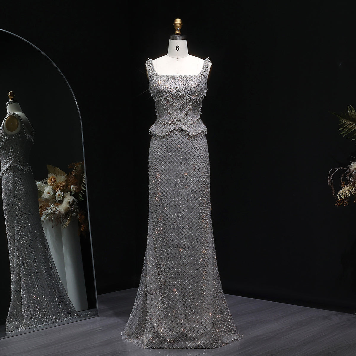 Luxury Gray Beaded Crystal Long Straight Evening Dress SS631