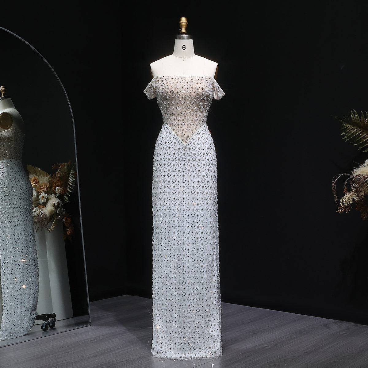 Stunning White Sequin Beaded Off-Shoulder Evening Dress SS610