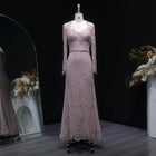 Luxury Nude Pink Lace Beaded Long Sleeve Fitted Evening Dress SF405