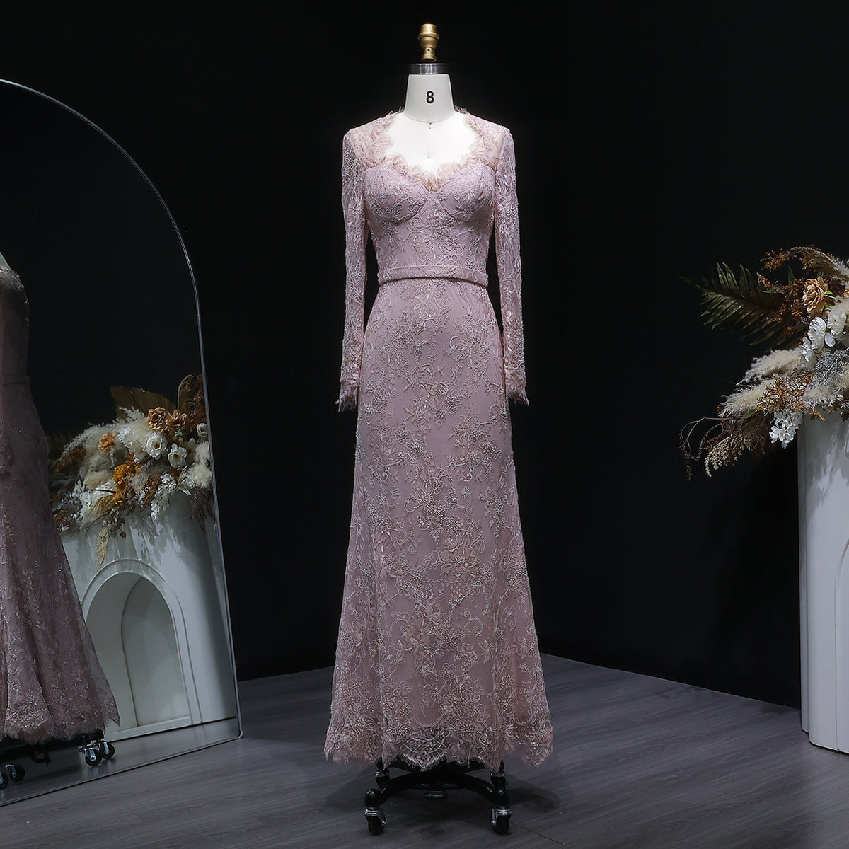 Luxury Nude Pink Lace Beaded Long Sleeve Fitted Evening Dress SF405