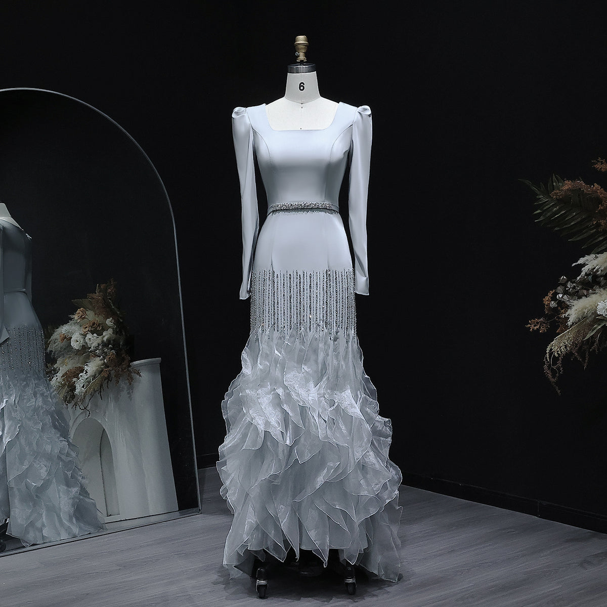 Luxury Gray Crystal Ruffled Long Sleeve Evening Dress XD039