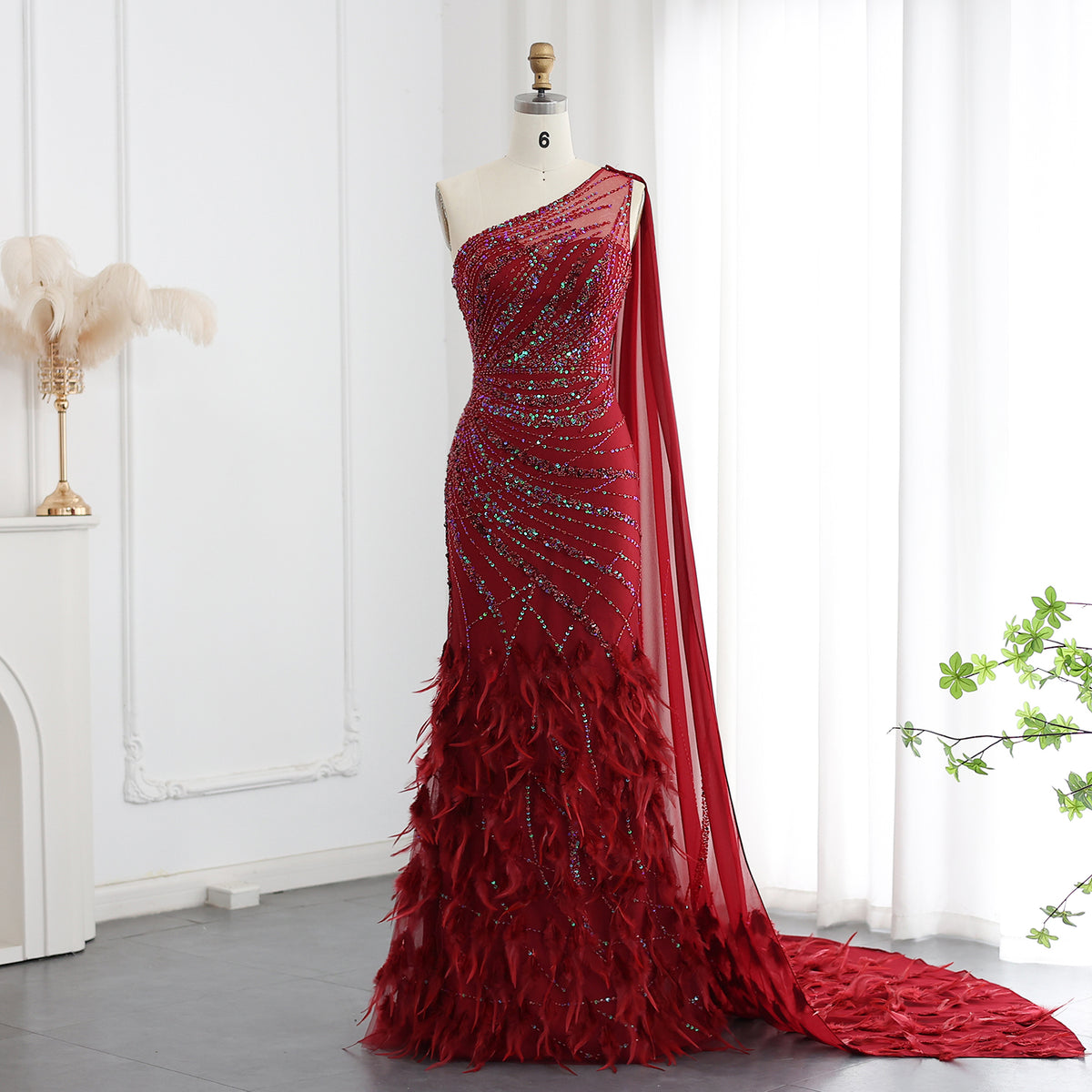 Luxury Feathers Turquoise One Shoulder Mermaid Evening Dress SS498