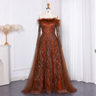 Off Shoulder Feathers Brown Evening Dress with Cape Sleeves SS707