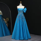 Fuchsia One Shoulder Bow Beaded Satin Evening Dress