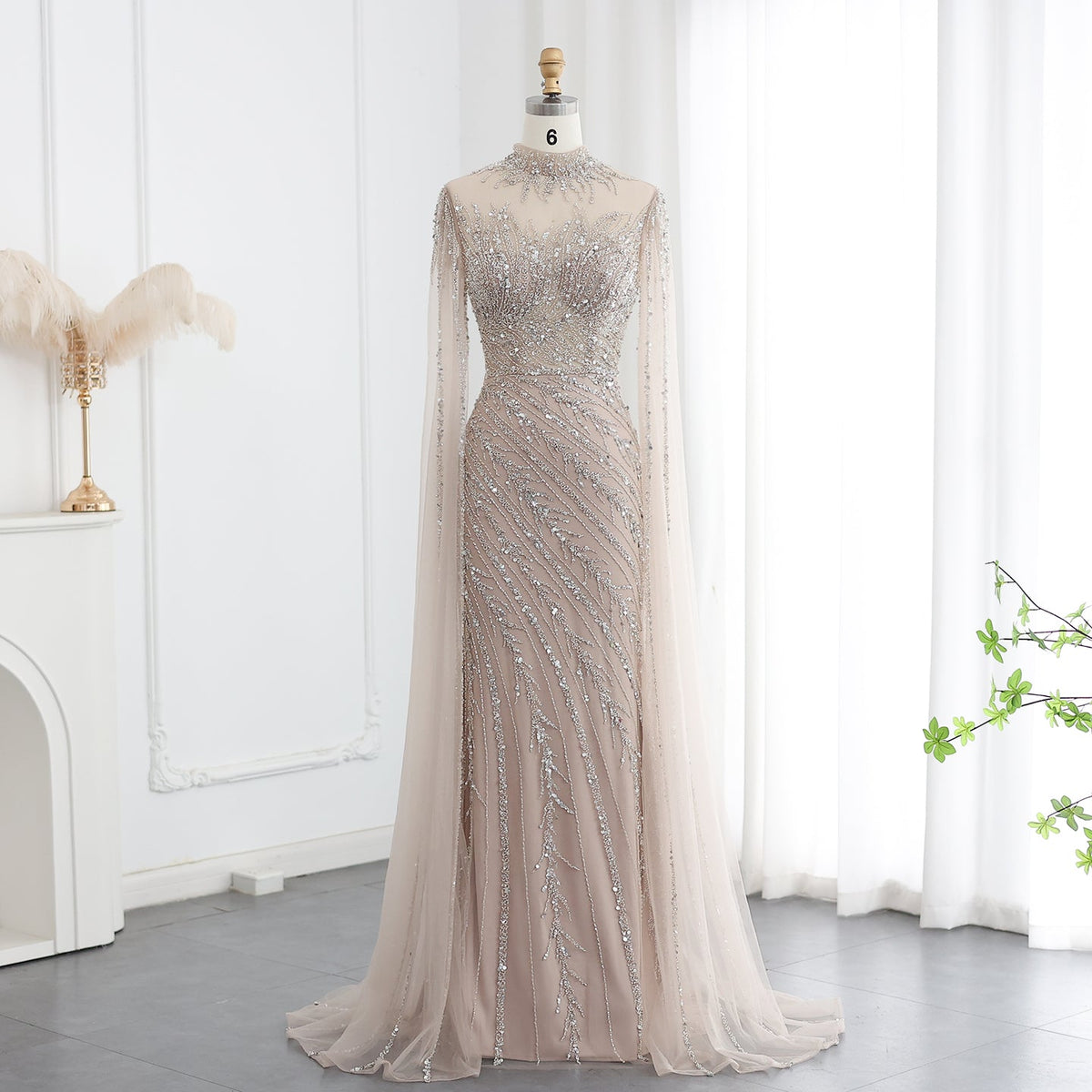Luxury Black Nude Mermaid Evening Dresses with Cape Sleeves SS162