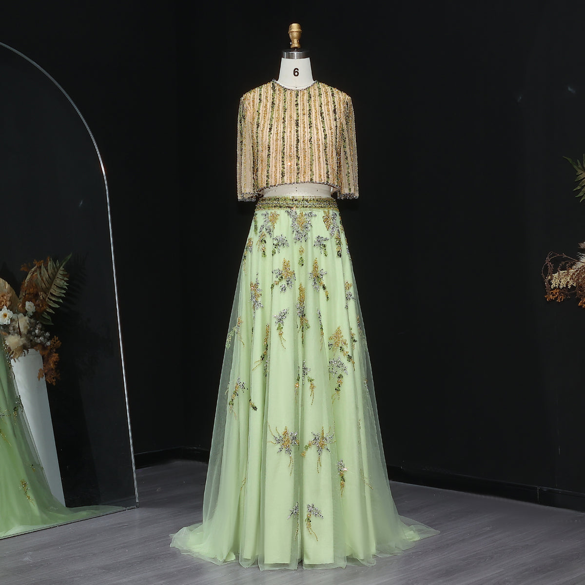 Luxury Blue Yellow 2 Pieces A-Line Half Sleeves Evening Dress SS490