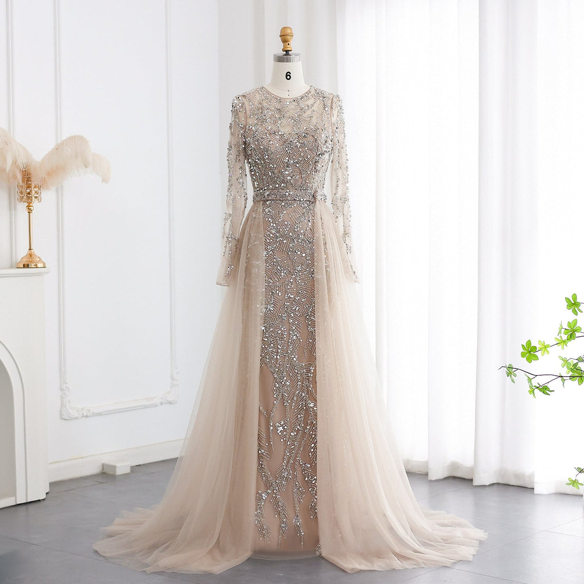 Luxury Turquoise Long Sleeve Evening Dress with Overskirt SS183