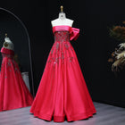 Fuchsia One Shoulder Bow Beaded Satin Evening Dress