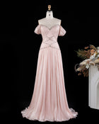 Peach Off Shoulder Rhinestone Beaded Chiffon Evening Dress