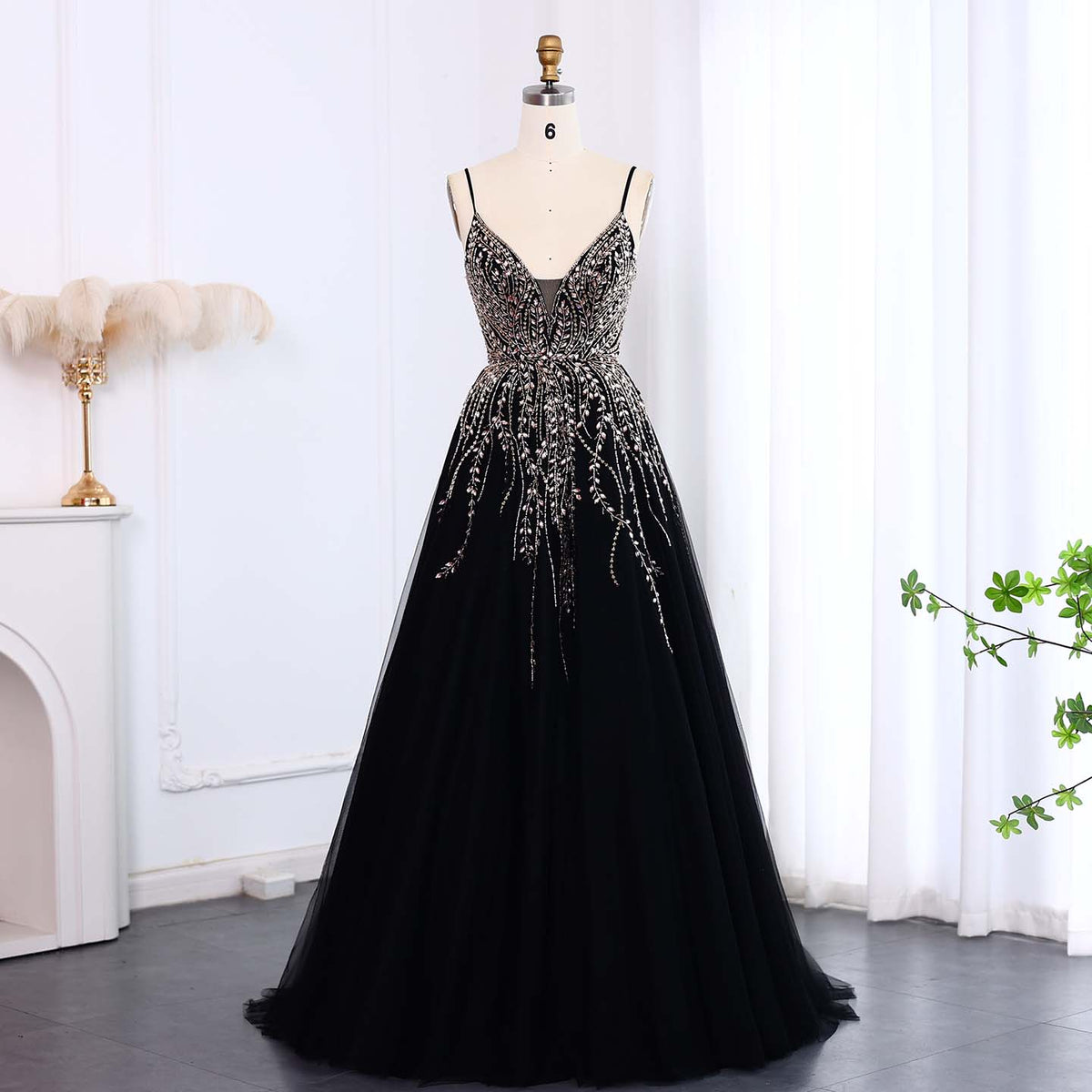 Pink Deep V-Neck Crystal Beaded A-Line Evening Dress
