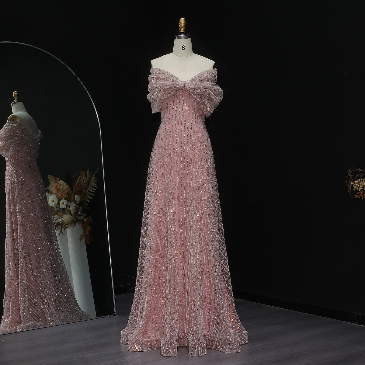 Stunning Beaded Blush Pink Off-Shoulder Evening Dress SS653