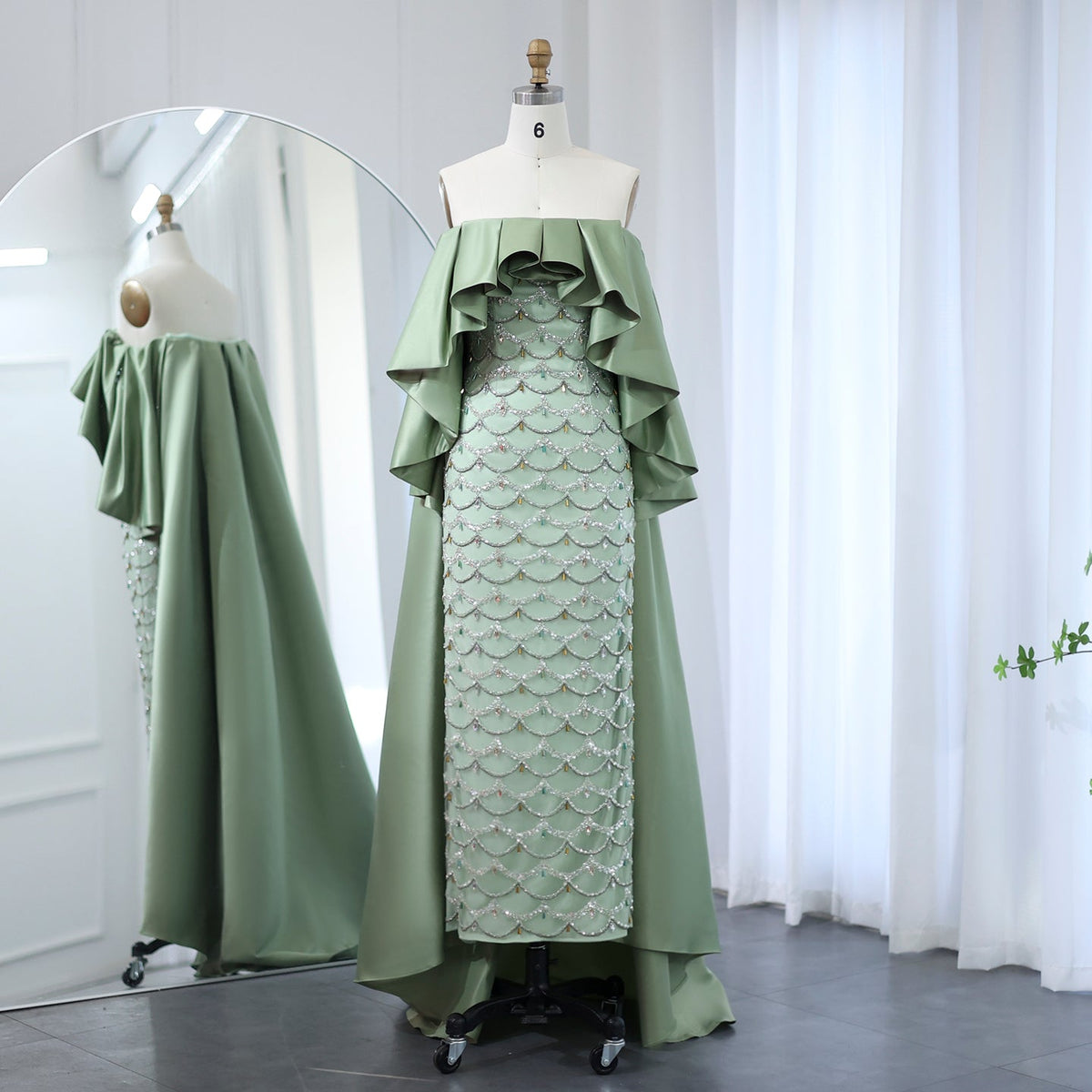 Luxury Crystal Sage Green Strapless Evening Dresses with Cape SS383