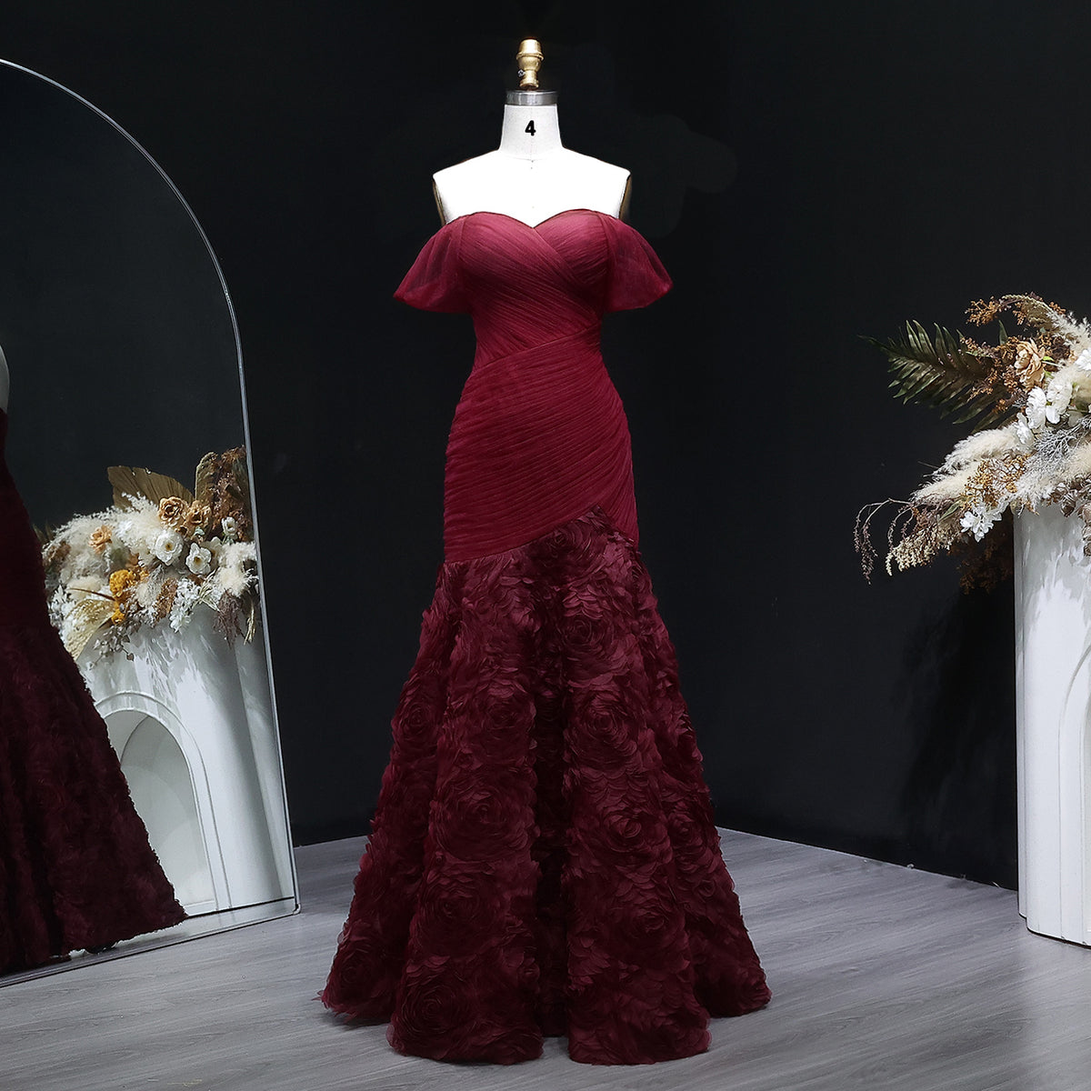 Glamorous Off-Shoulder Burgundy 3D Floral Mermaid Evening Dress SF169