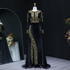 Black Gold Embroidered High Slit Velvet Evening Dress