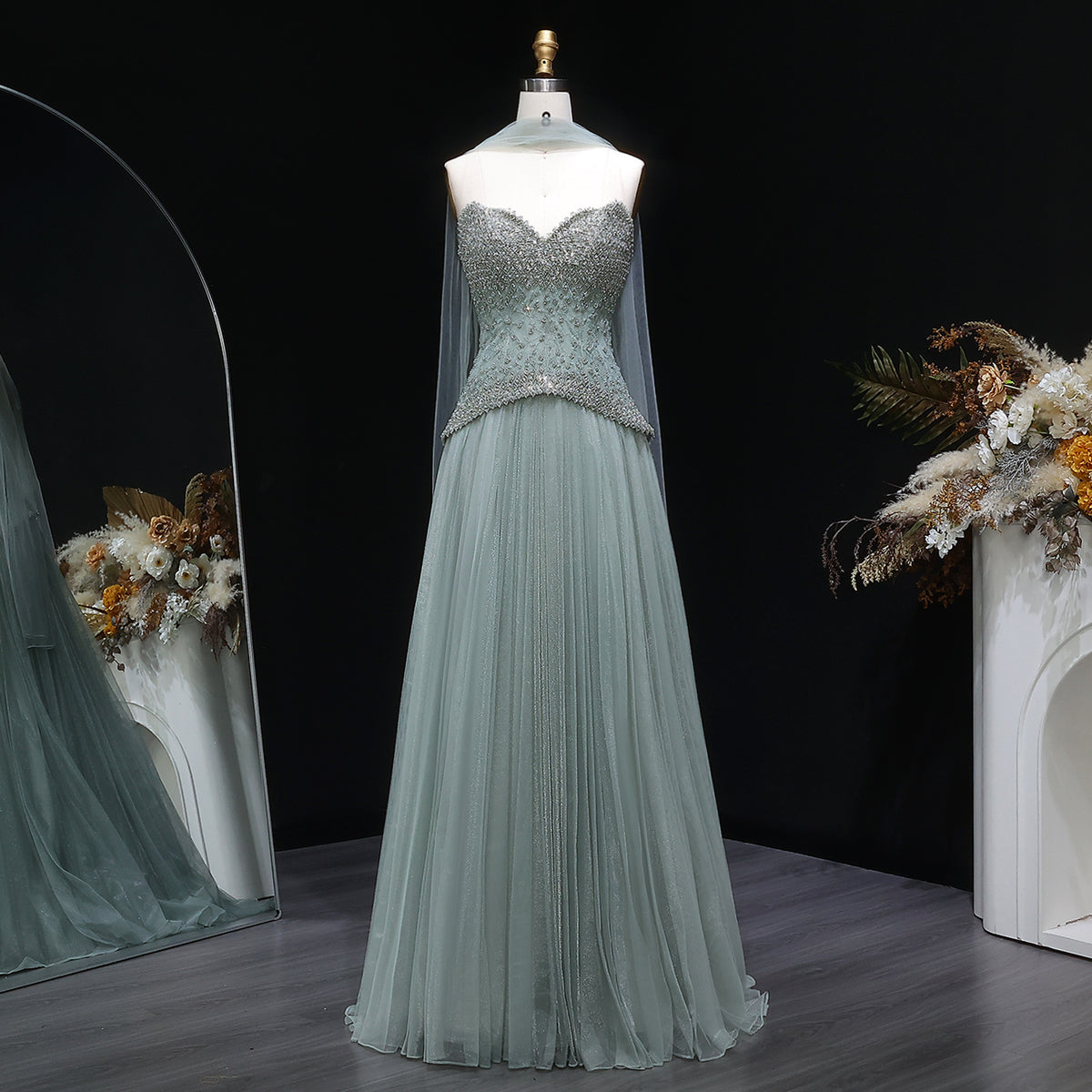 Elegant Sage Green Strapless Beaded A-Line Evening Dress with Scarf SS299