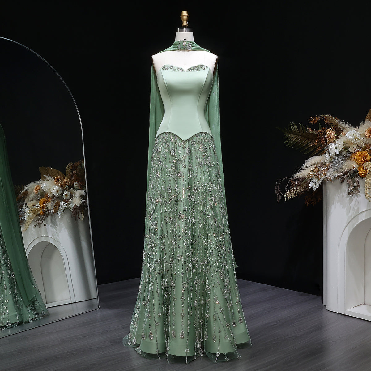 Elegant Vibrant Green Strapless Beaded Evening Dress with Scarf SS627