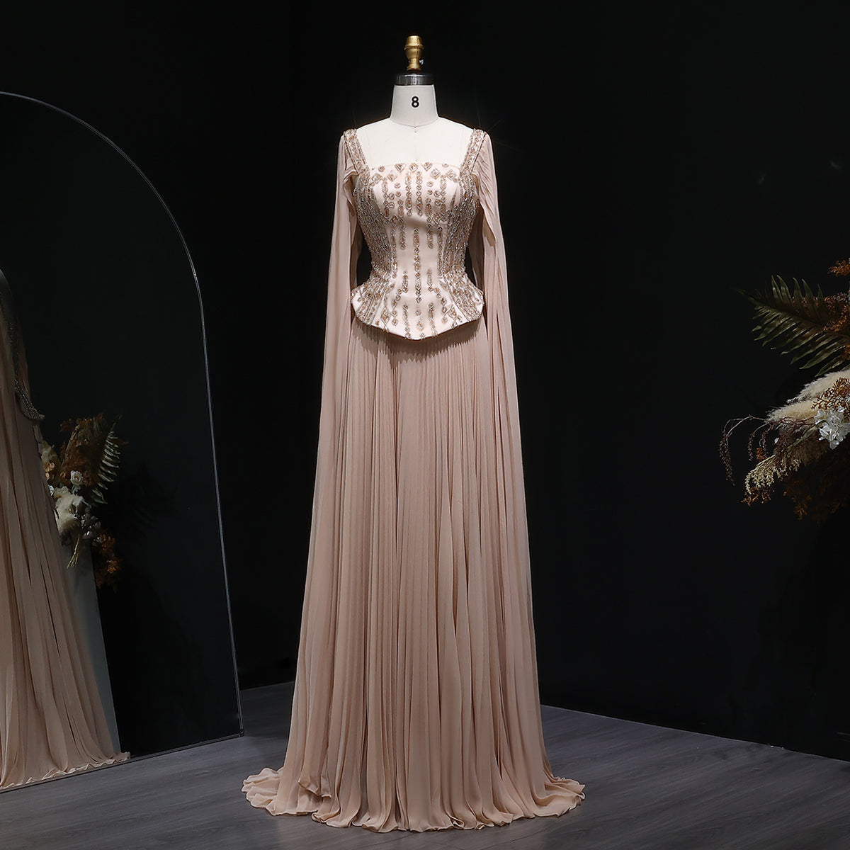 Exquisite Wine Red Cape Sleeve Pleated Chiffon Evening Dress
