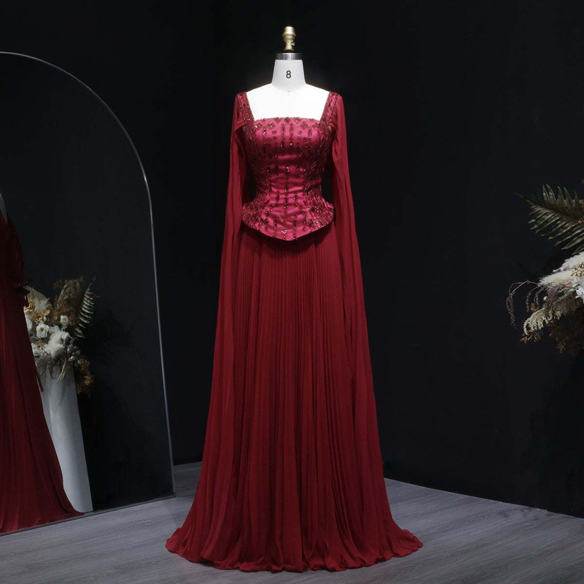 Exquisite Wine Red Cape Sleeve Pleated Chiffon Evening Dress