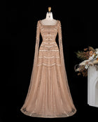 Luxury Beaded Caramel Evening Dress with Cape Sleeve SS591