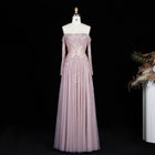 Glamorous Beige Beaded Tulle Long Sleeve Evening Dress SS507