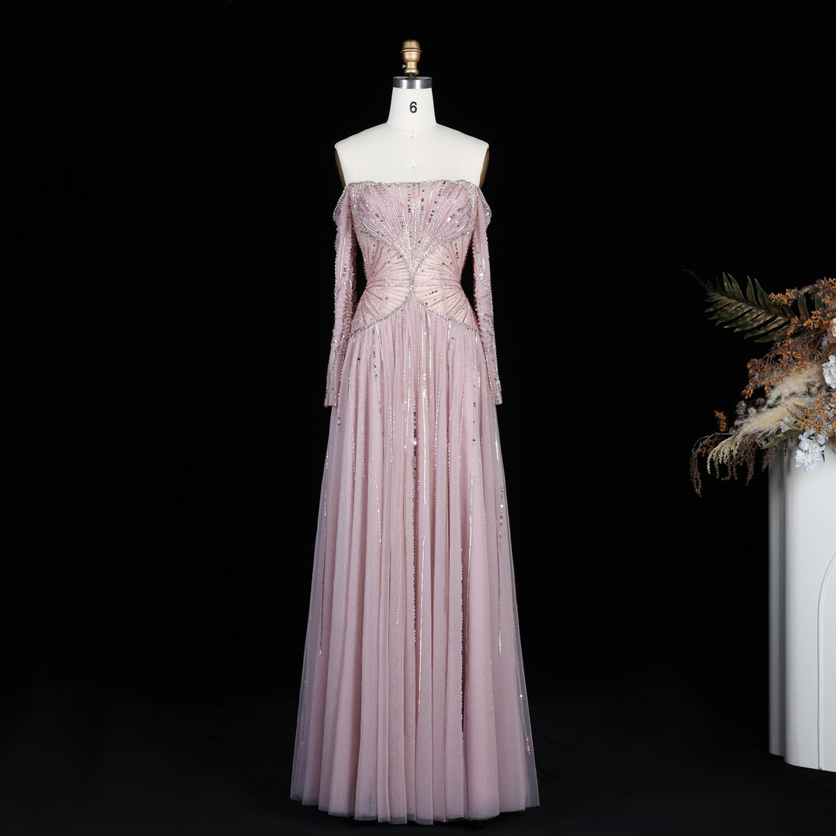 Glamorous Beige Beaded Tulle Long Sleeve Evening Dress SS507