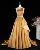 Luxury Gold Asymmetric Beaded Satin Evening Dress