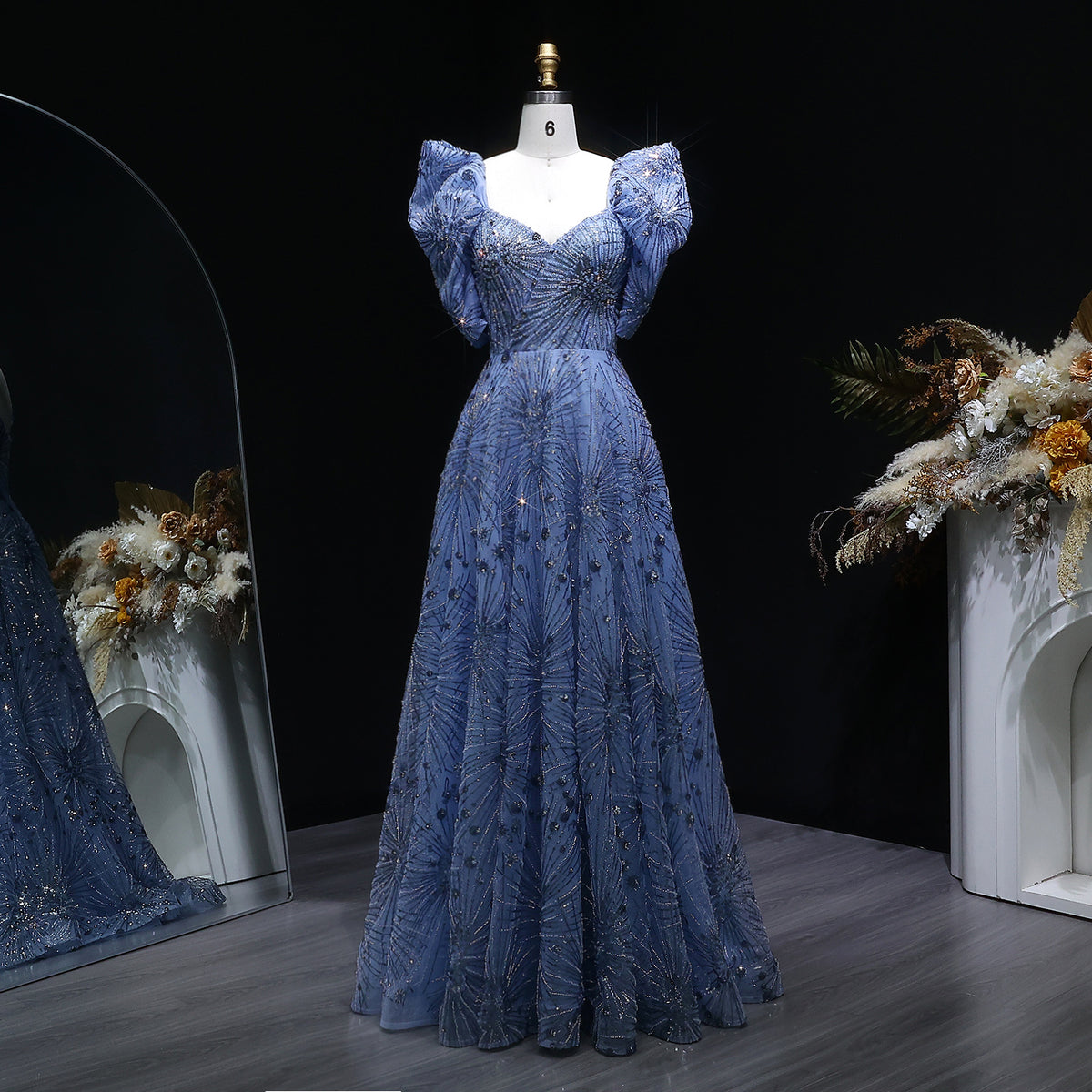 Glamorous Blue Crystal Beaded Evening Dress with Puff Sleeves SS080