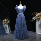 Glamorous Blue Crystal Beaded Evening Dress with Puff Sleeves SS080