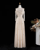 Beige V-Neck Beaded Sequin A-Line Evening Dress