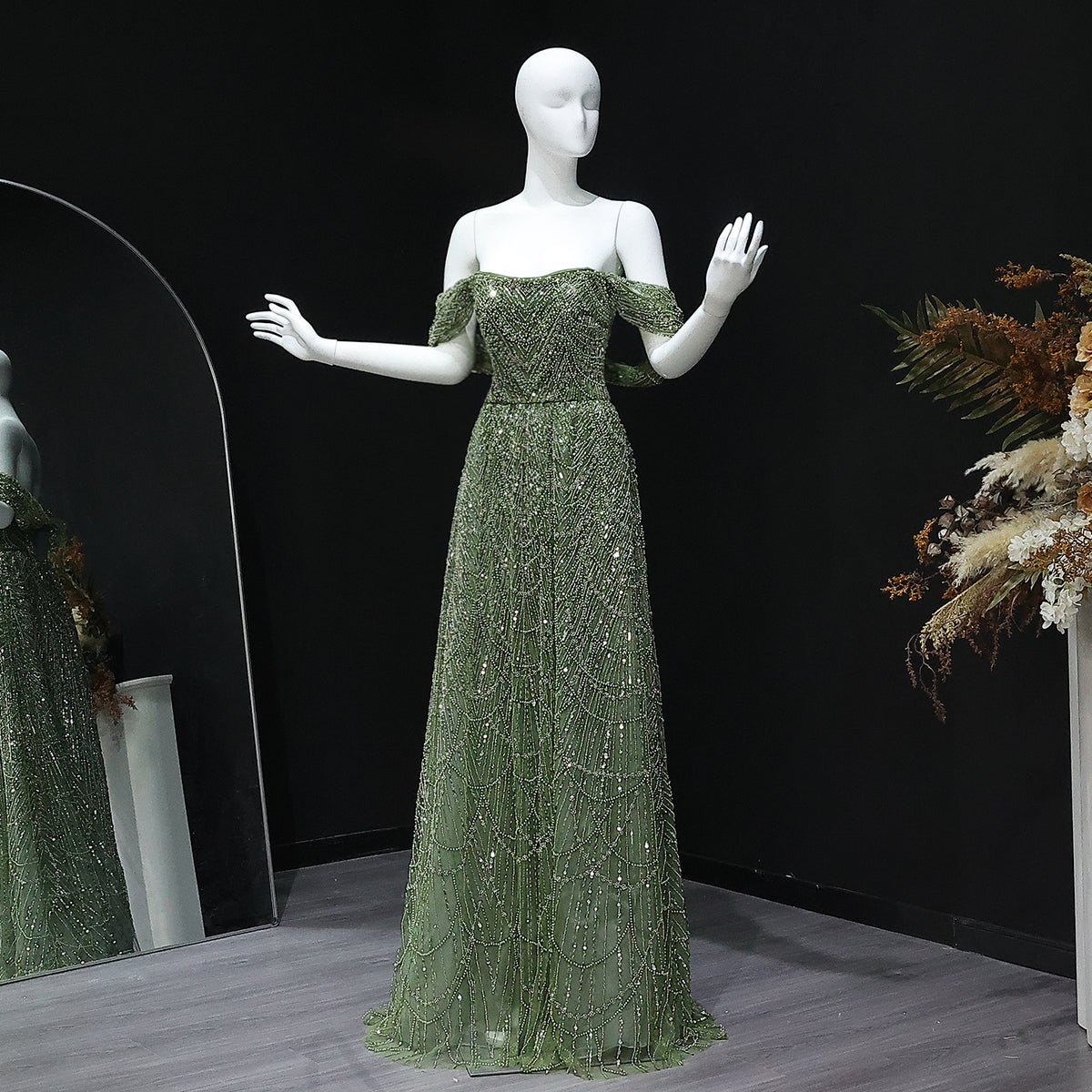 Luxury Beaded Champagne Off-Shoulder Evening Dress SS676