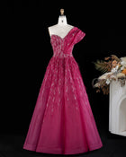 Luxury Fuchsia One Shoulder Beaded Feather Evening Dress